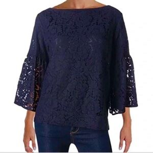 Lauren Ralph Lauren Navy Blue Eyelet Lace Overlay Top with Bell Sleeves.